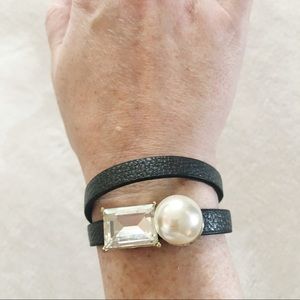 Faux Leather Bracelet with Modern Crystal & Pearl